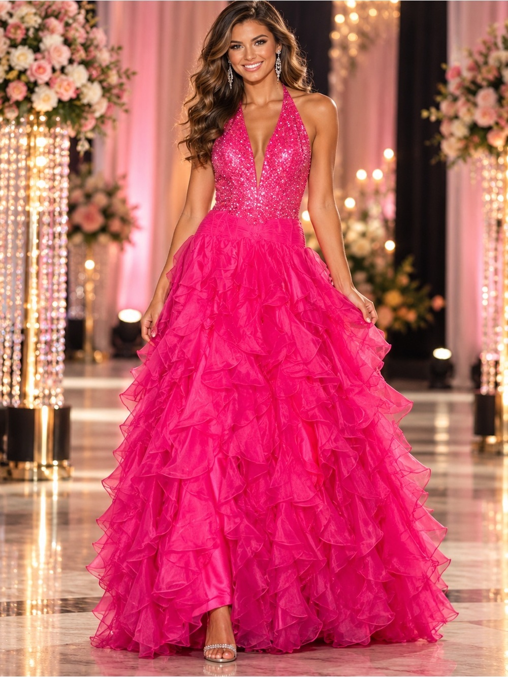 Jovani Hot Pink Barbiecore Sequin Ruffle Halter Gown Size 4